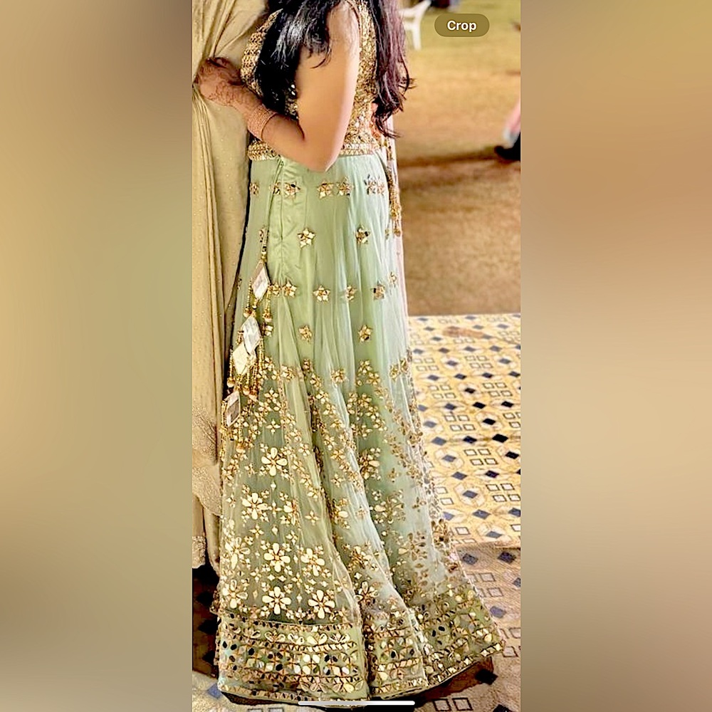 Light green & light pink Indian Lehenga! mirrors all over the blouse and skirt!